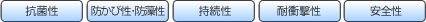 抗菌性、防かび・防藻性、持続性、耐衝撃性、安全性